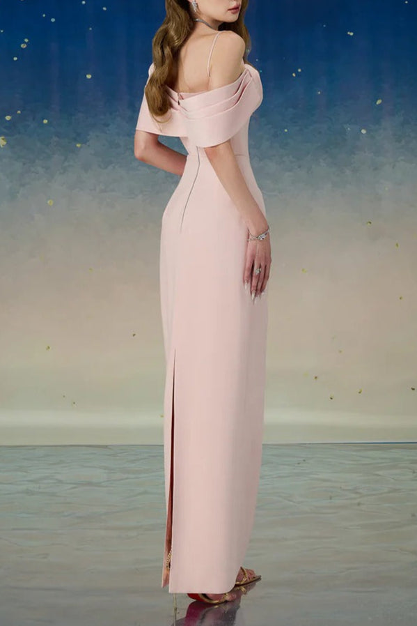 Sheath Shoulder Taffeta Ankle Maxi Dress in Pink