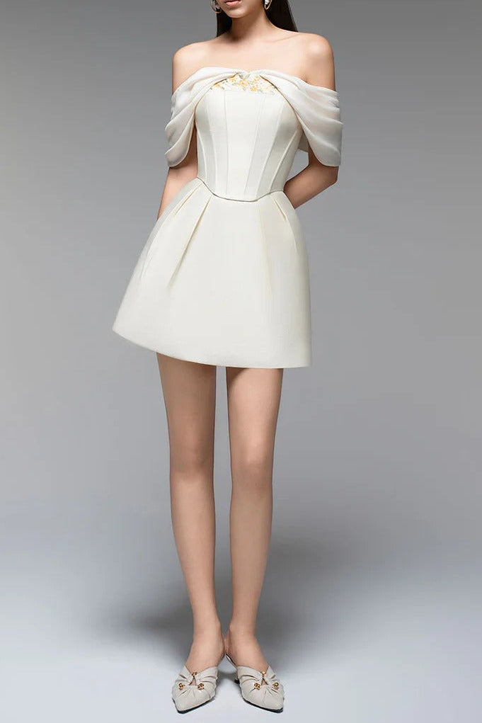 Embroidery A-line Off-Shoulder Polyester Mini Dress in Beige