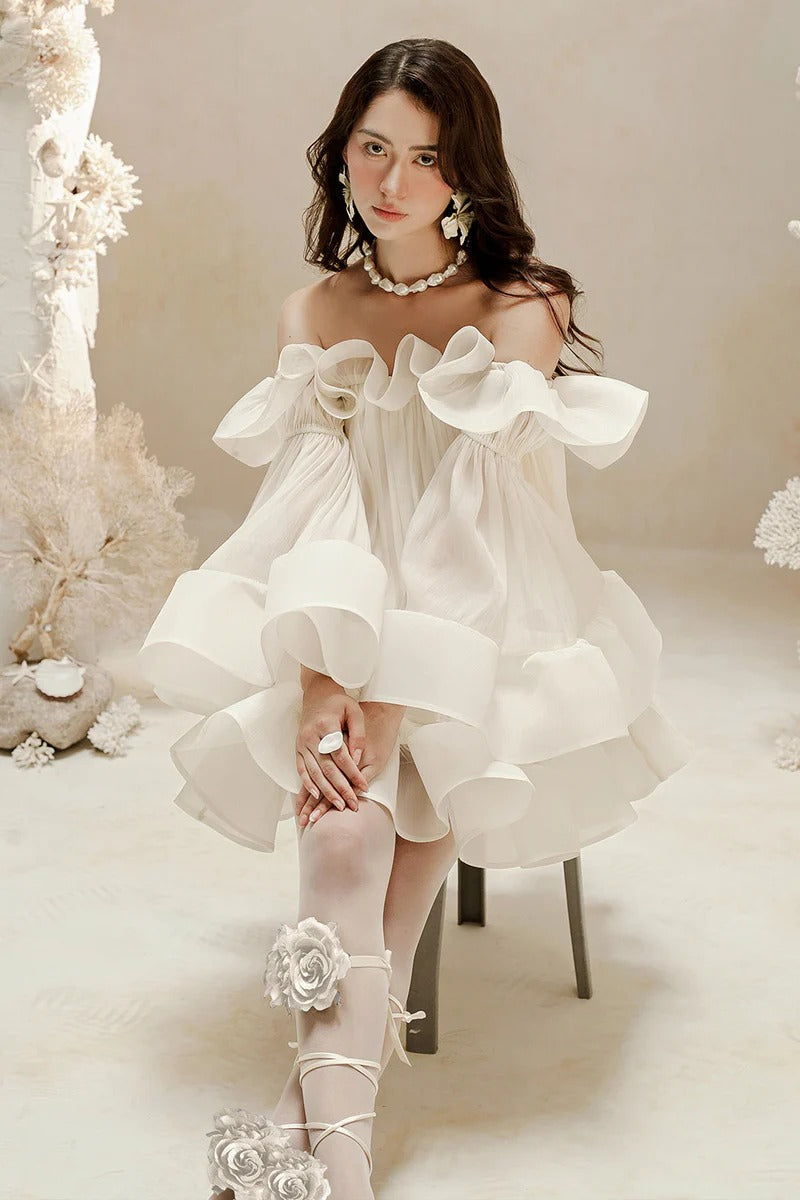 Ruffle Crinkle Mini Dress in White