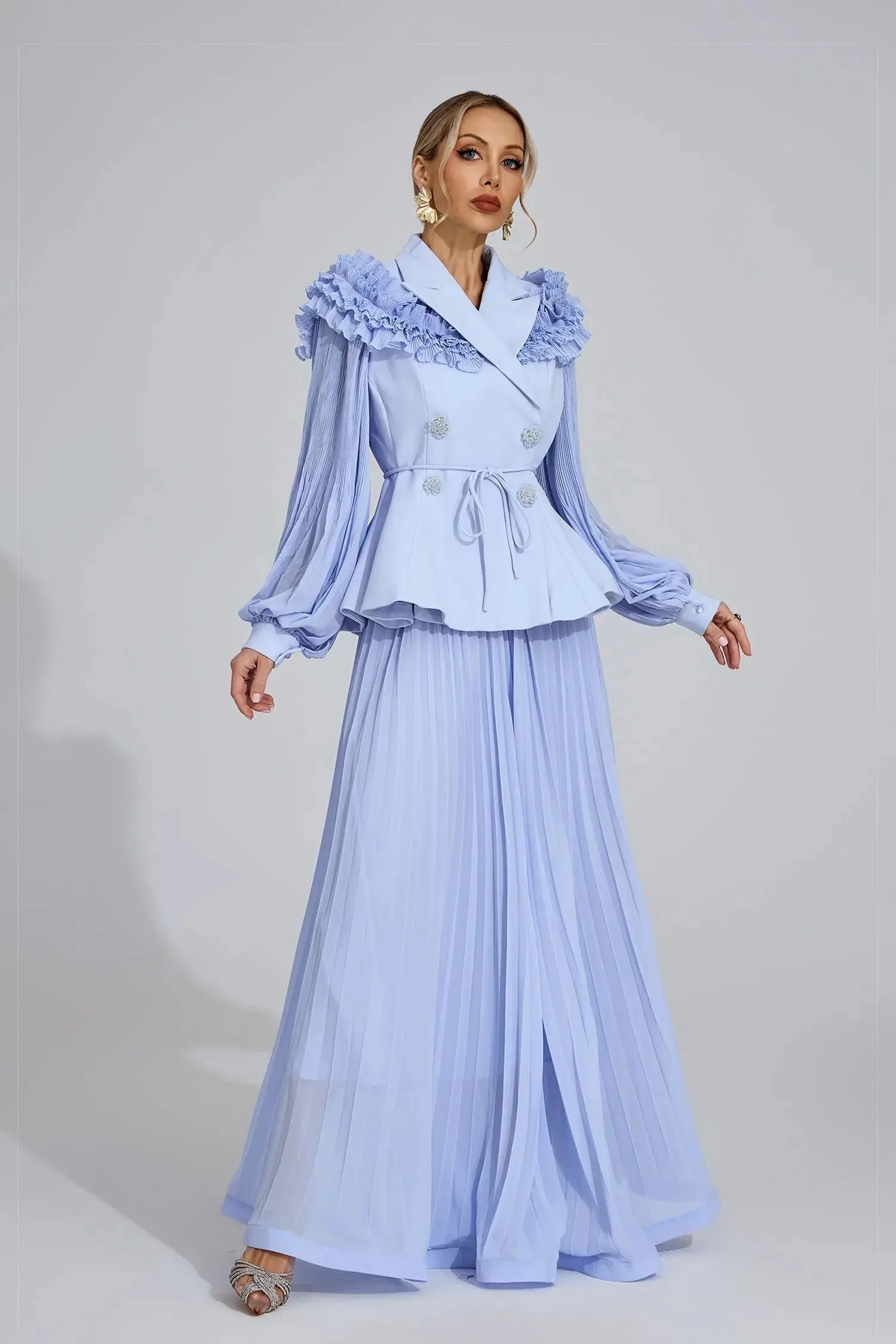 Light Blue Flounce Skirt Blazer Two-Piece Set