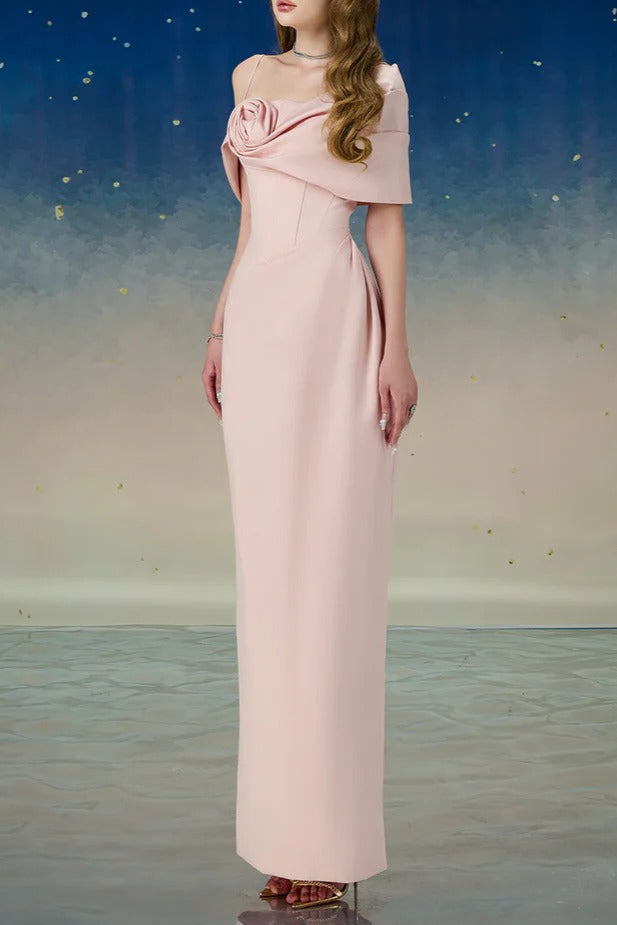 Sheath Shoulder Taffeta Ankle Maxi Dress in Pink