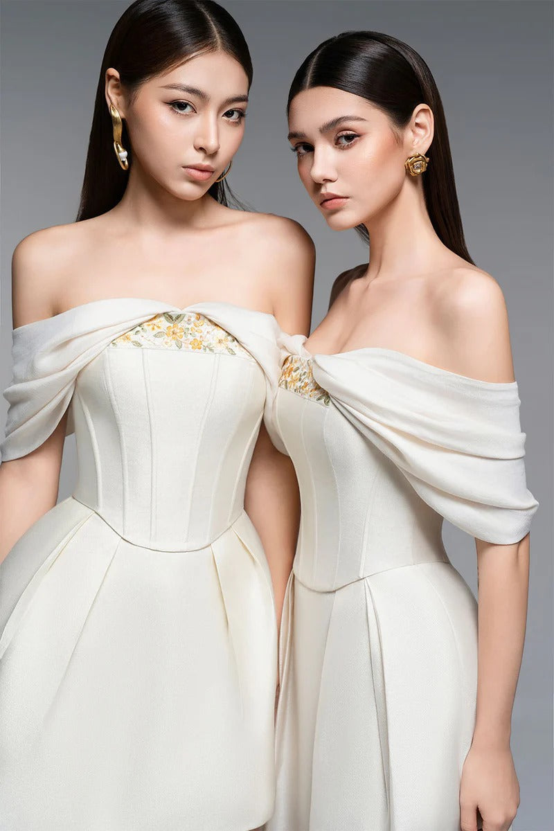 Embroidery A-line Off-Shoulder Polyester Mini Dress in Beige