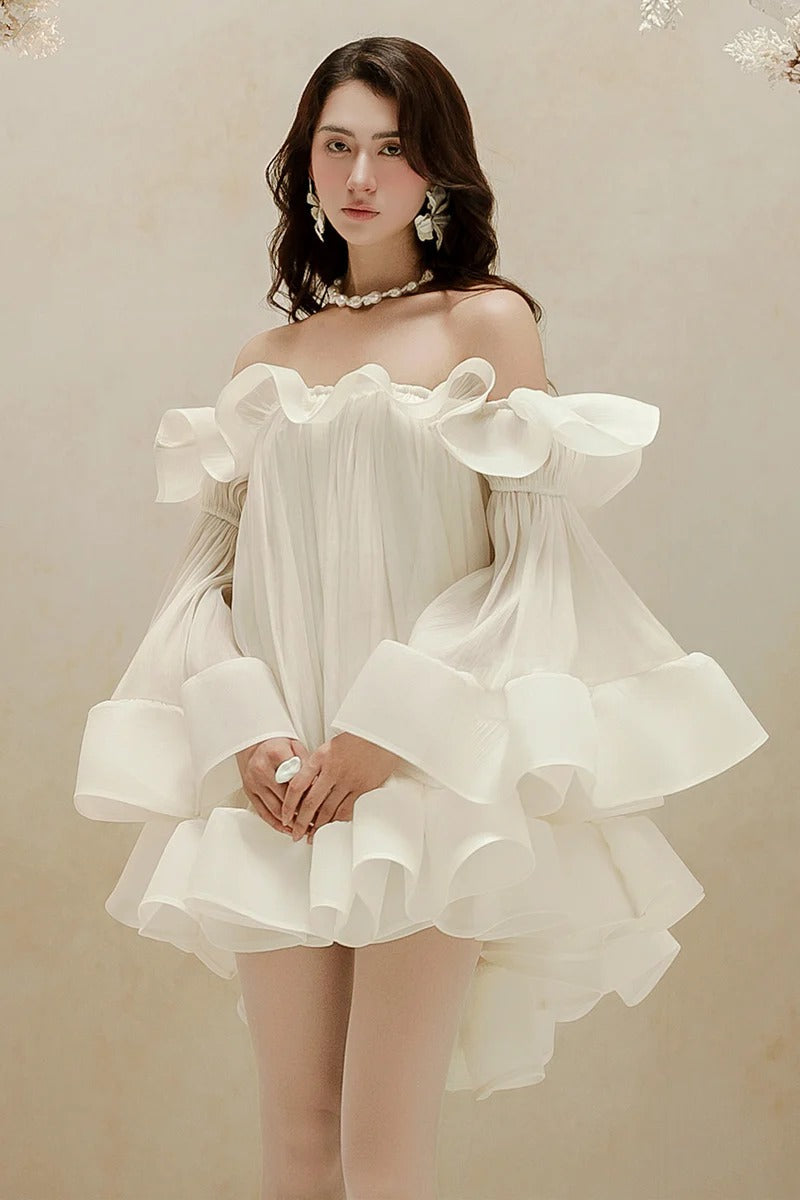 Ruffle Crinkle Mini Dress in White