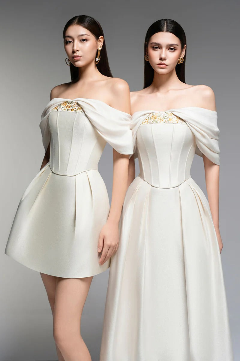 Embroidery A-line Off-Shoulder Polyester Mini Dress in Beige