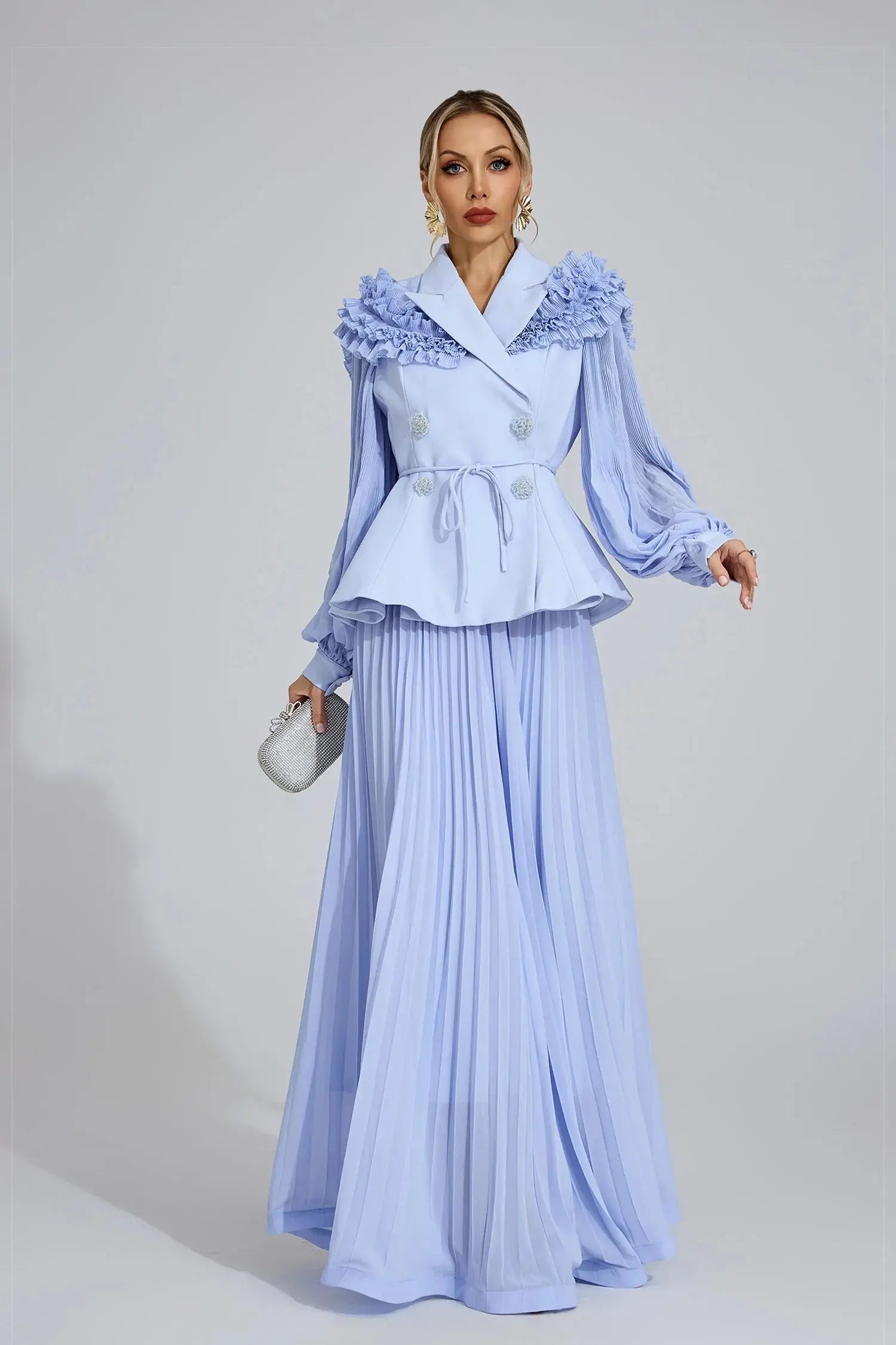 Light Blue Flounce Skirt Blazer Two-Piece Set