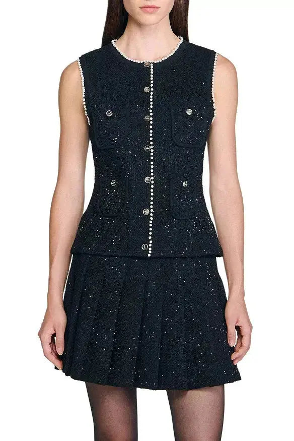 Black Vest with Pearls Embellished