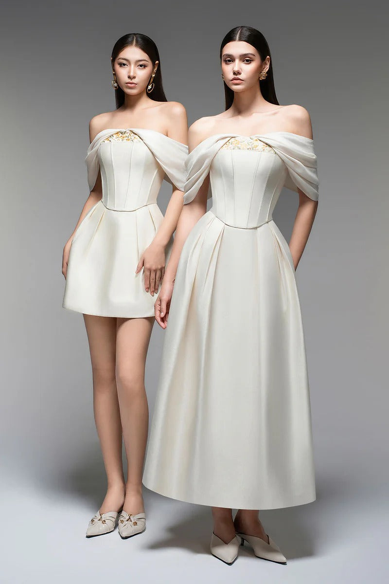 Embroidery A-line Off-Shoulder Polyester Mini Dress in Beige