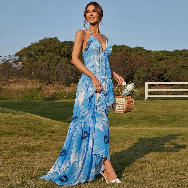 Blue & White Floral Print Halter Neck Maxi Dress