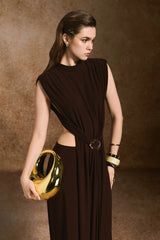 Sheath Open Back Spandex Maxi Dress in Dark Brown