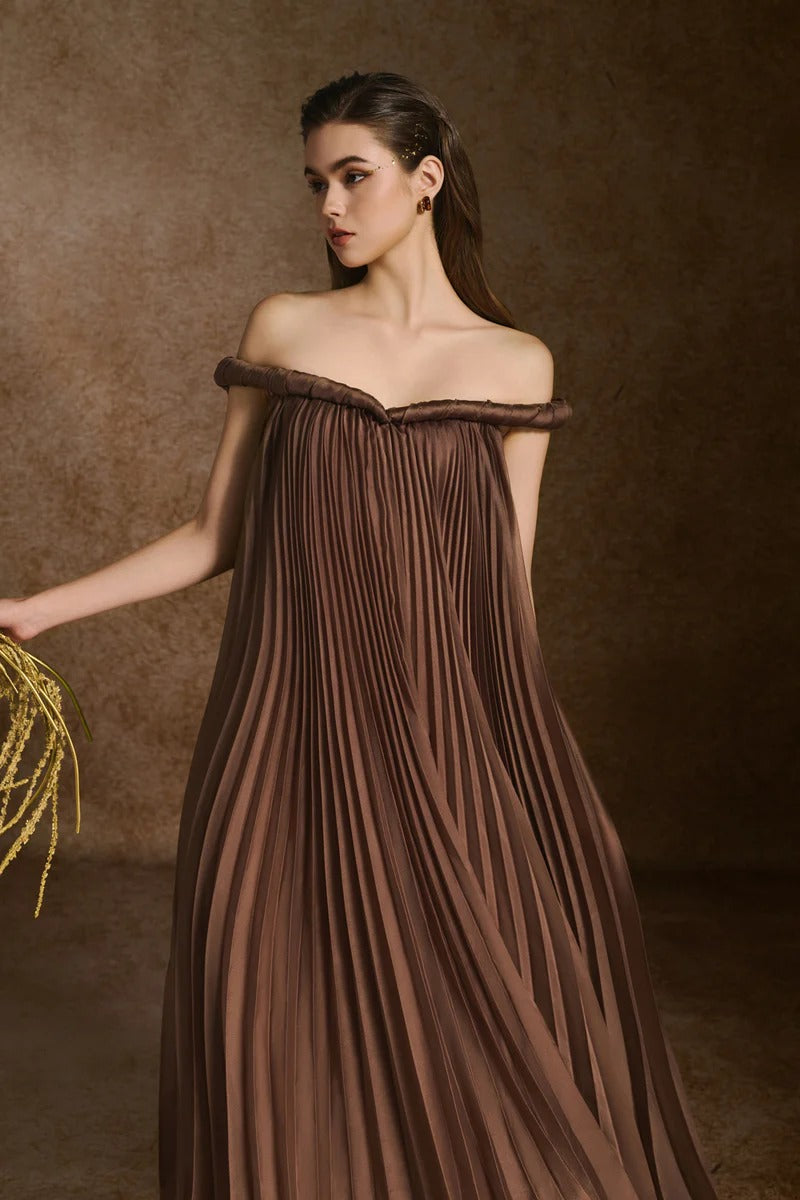 A-line Off-Shoulder Silk Organza Maxi Dress in Brown