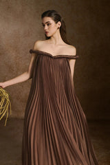 A-line Off-Shoulder Silk Organza Maxi Dress in Brown