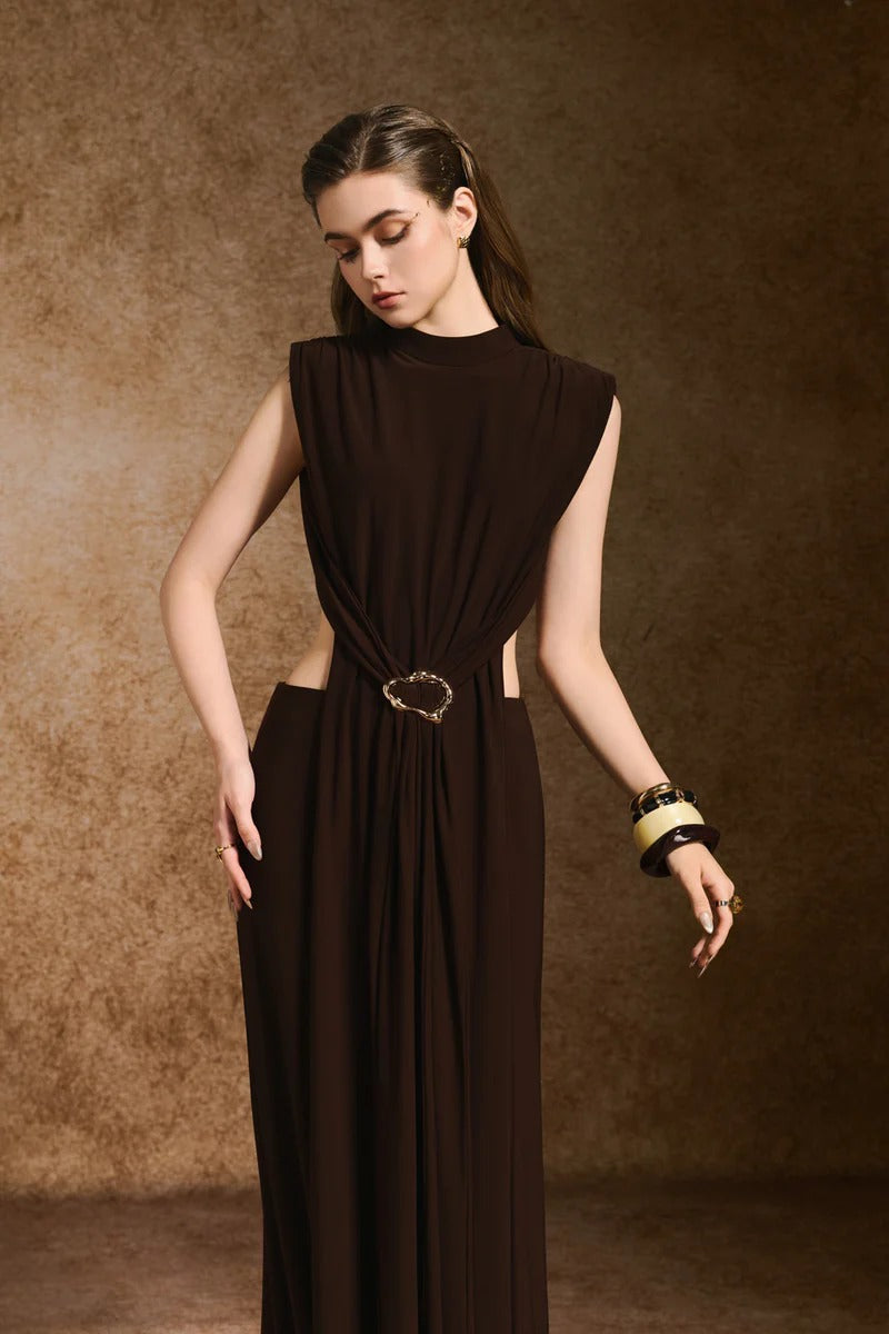 Sheath Open Back Spandex Maxi Dress in Dark Brown