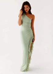 One-Shoulder Ruffle Trim Maxi Dress in Green