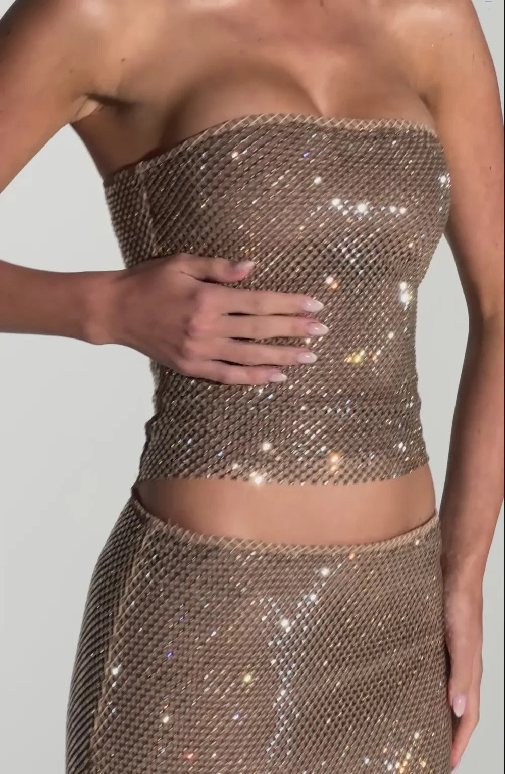 Sequin Top Maxi Skirt Suit in Gold