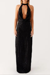 Sequin Cutout Halter Backless Maxi Dress in Black
