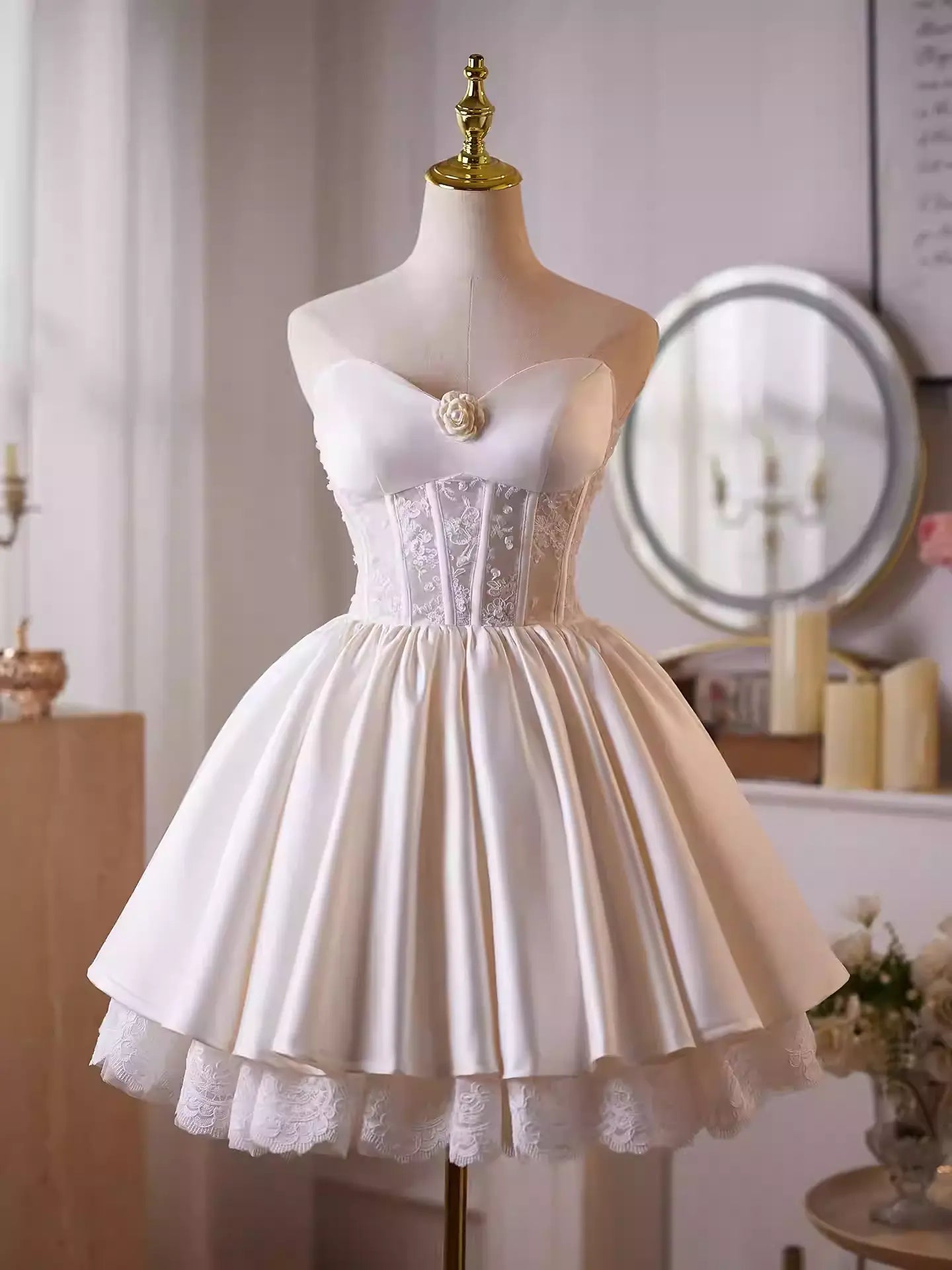White Flower Lace Satin Mini Dress