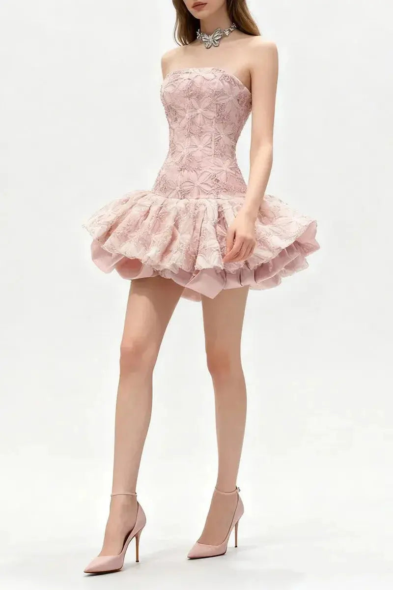 Embroidered Lace Ruffle Mini Dress in Pink