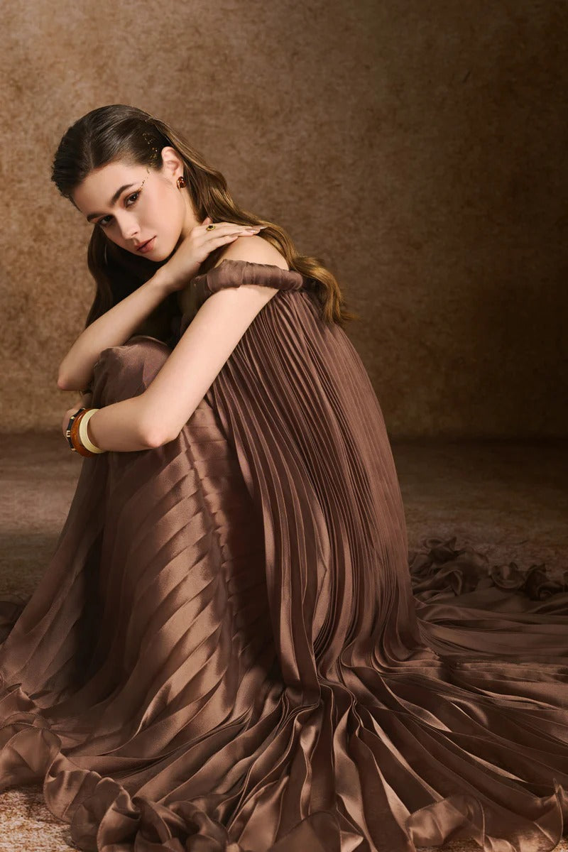 A-line Off-Shoulder Silk Organza Maxi Dress in Brown