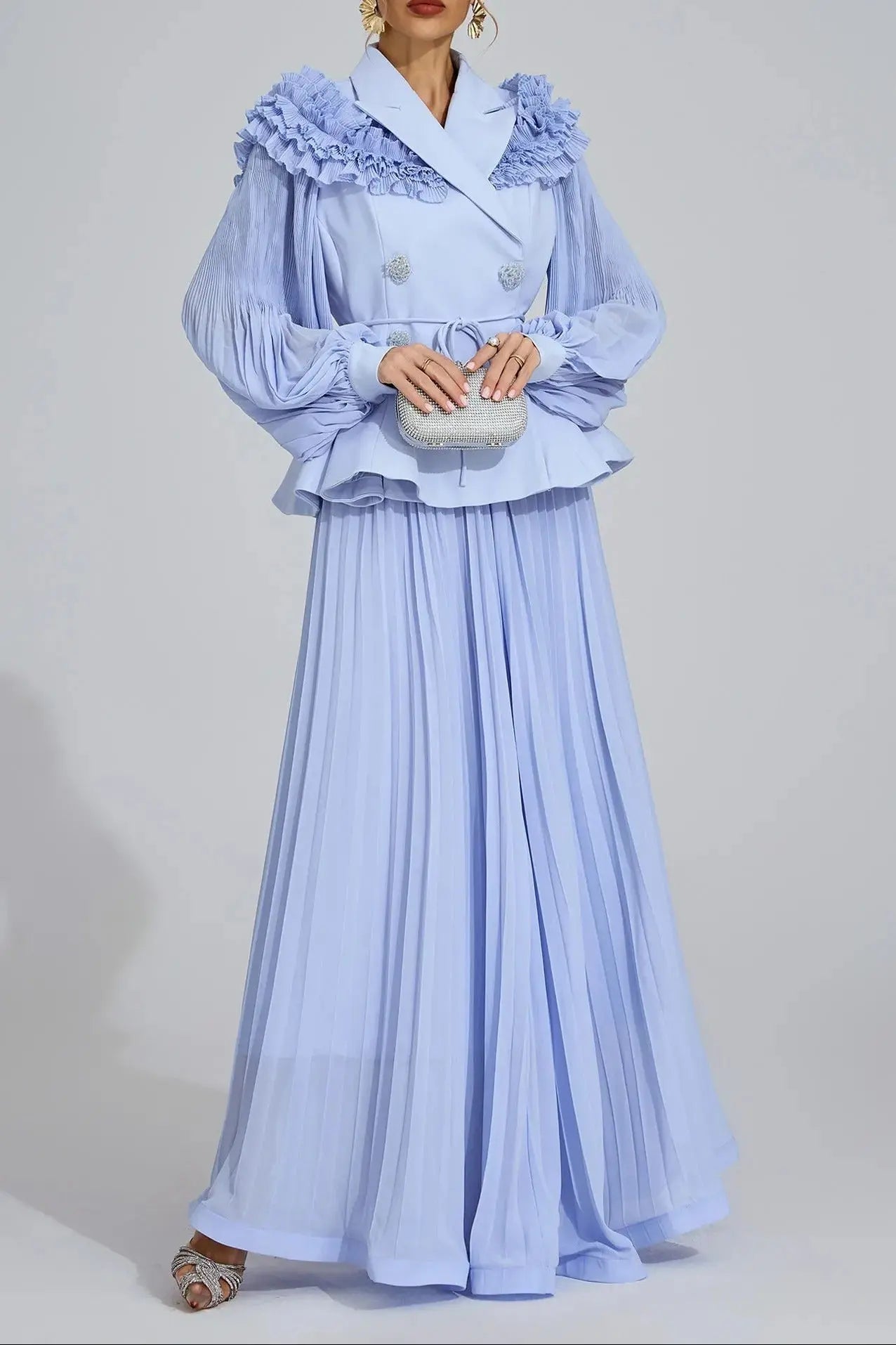 Light Blue Flounce Skirt Blazer Two-Piece Set