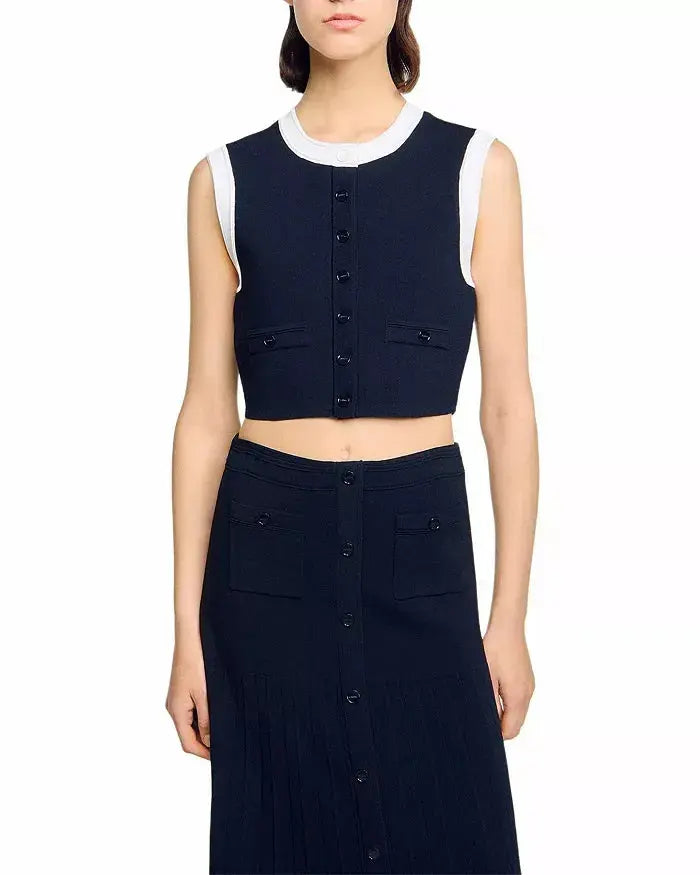 Two Tone Cropped Sleeveless Cardigan & Knit Skirt