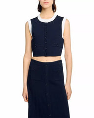 Two Tone Cropped Sleeveless Cardigan & Knit Skirt