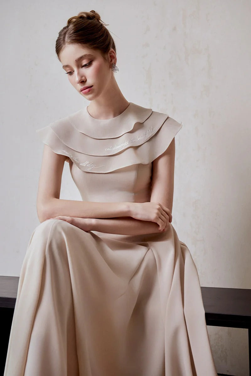A-line Jewel Neck ViscoSequin Ankle Maxi Dress in Beige