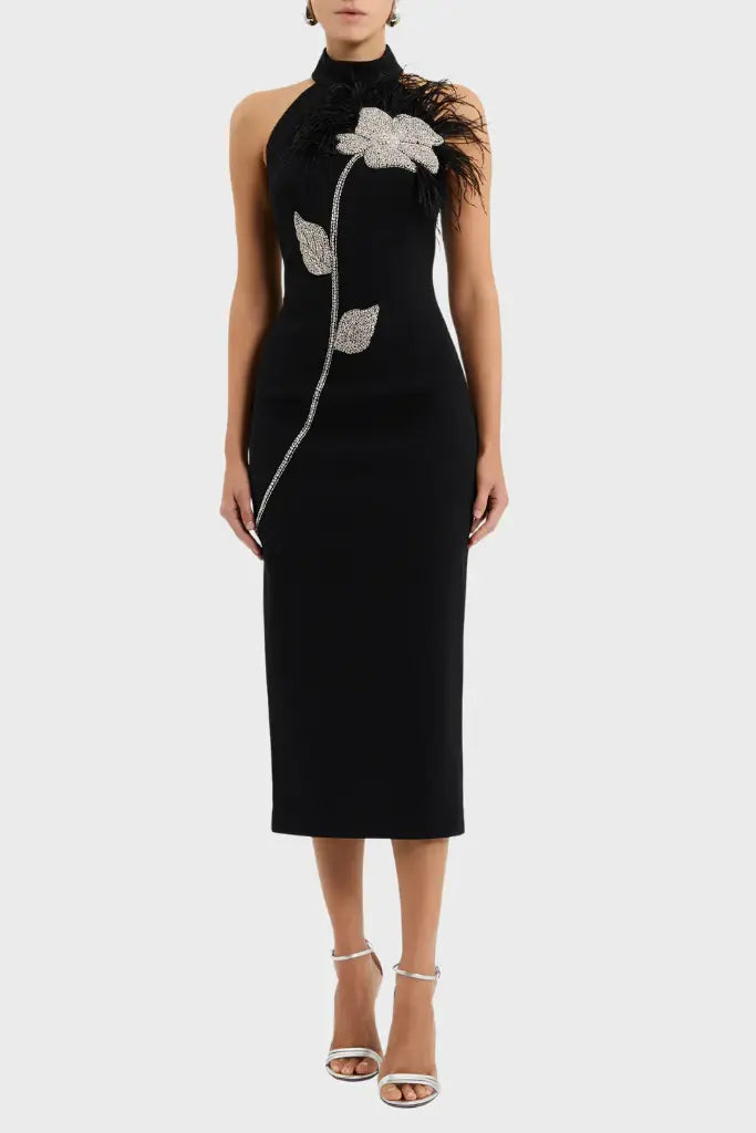 Flower Rhinestone Feather Halter Midi Dress in Black