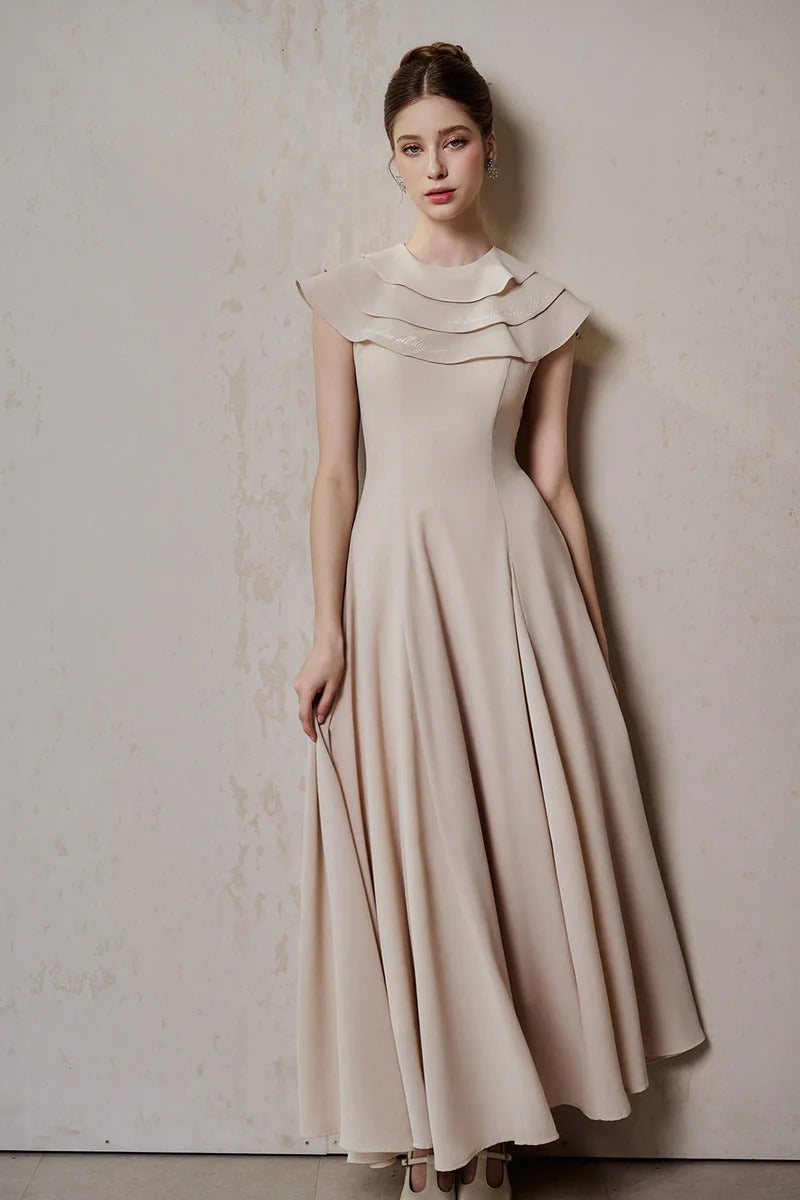 A-line Jewel Neck ViscoSequin Ankle Maxi Dress in Beige