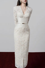 White V-Neck Lace Patchwork Midi Dress