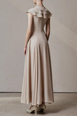 A-line Jewel Neck ViscoSequin Ankle Maxi Dress in Beige