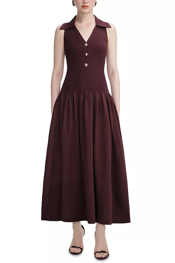 Ribbed Midi Dress in Brick Red