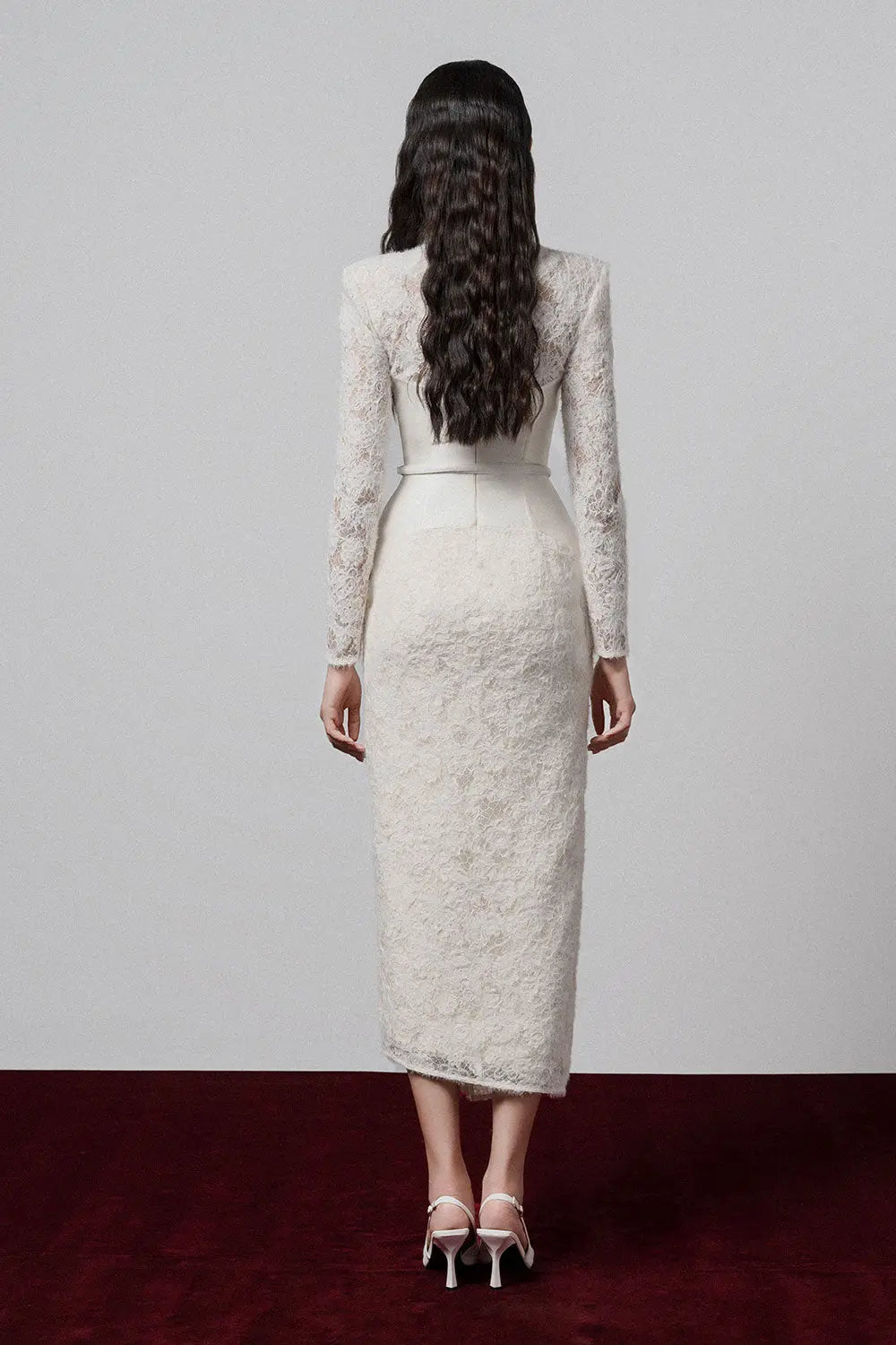 White V-Neck Lace Patchwork Midi Dress