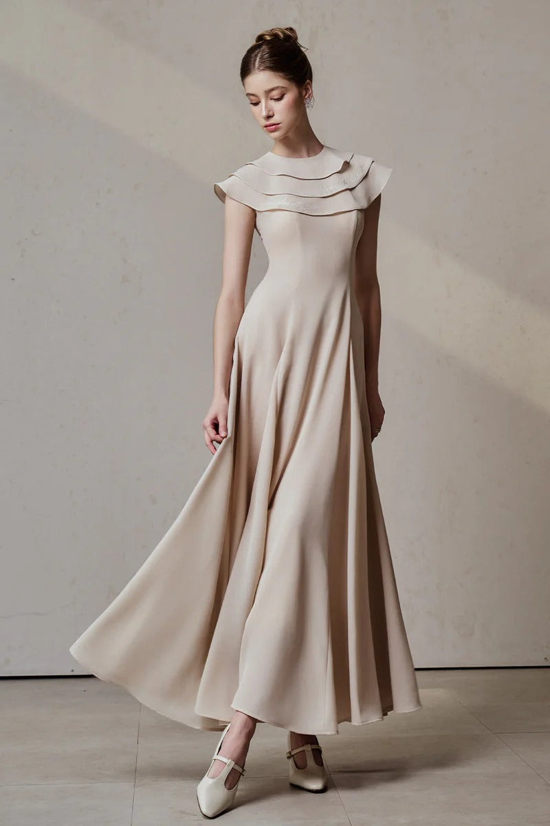 A-line Jewel Neck ViscoSequin Ankle Maxi Dress in Beige
