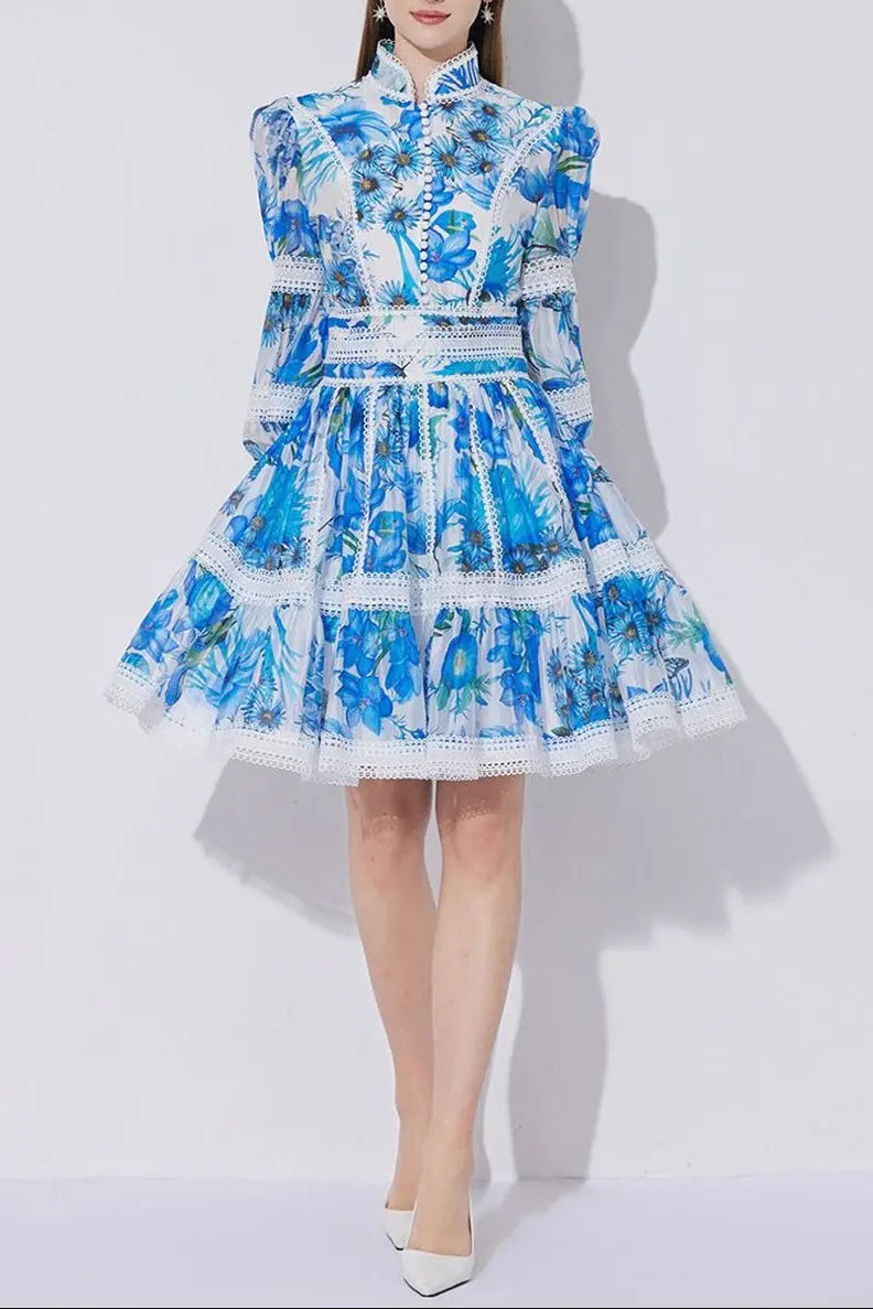 Lace-Paneled Printed Lantern Sleeves Mini Dress in Blue