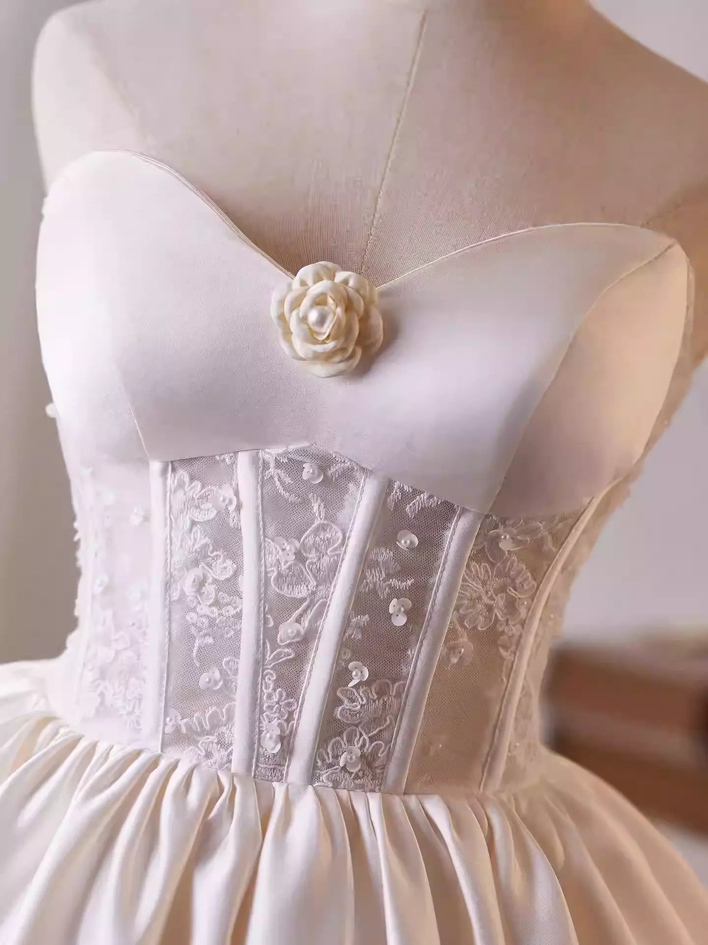 White Flower Lace Satin Mini Dress
