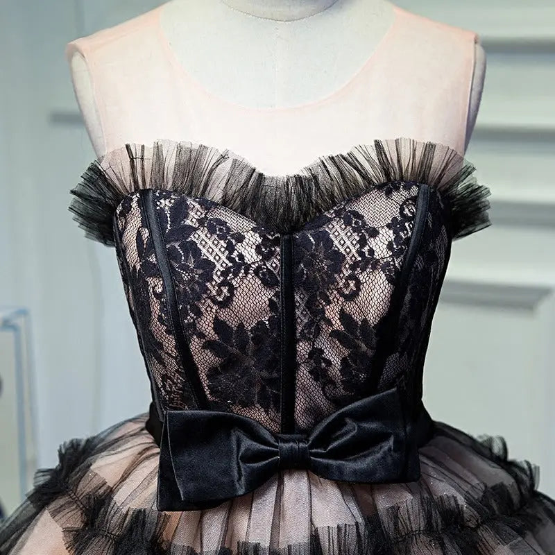 Lace Puffy Mini Dress in Black