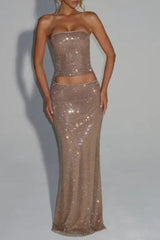Sequin Top Maxi Skirt Suit in Gold