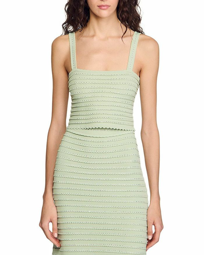 Rhinestone Trim Knit Crop Top in Almond Green