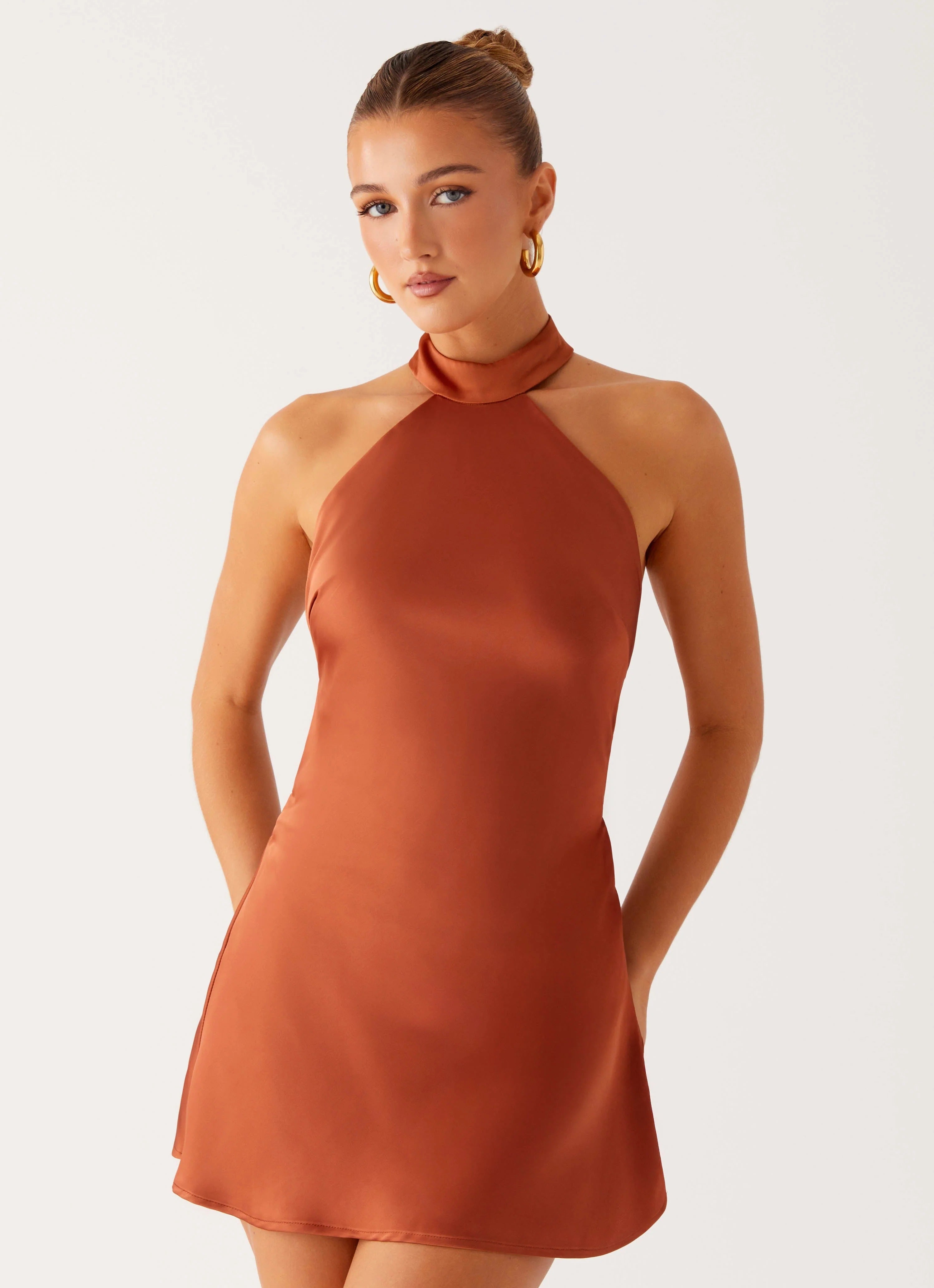 Halter Backless Satin Mini Dress in Rust