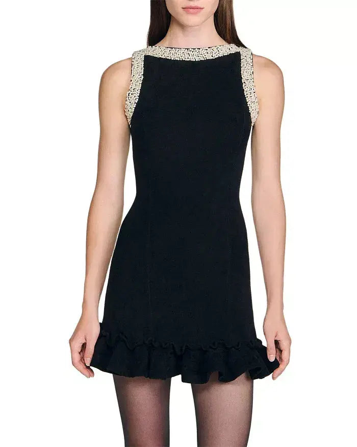 Ruffle Trim Mini Dress in Black