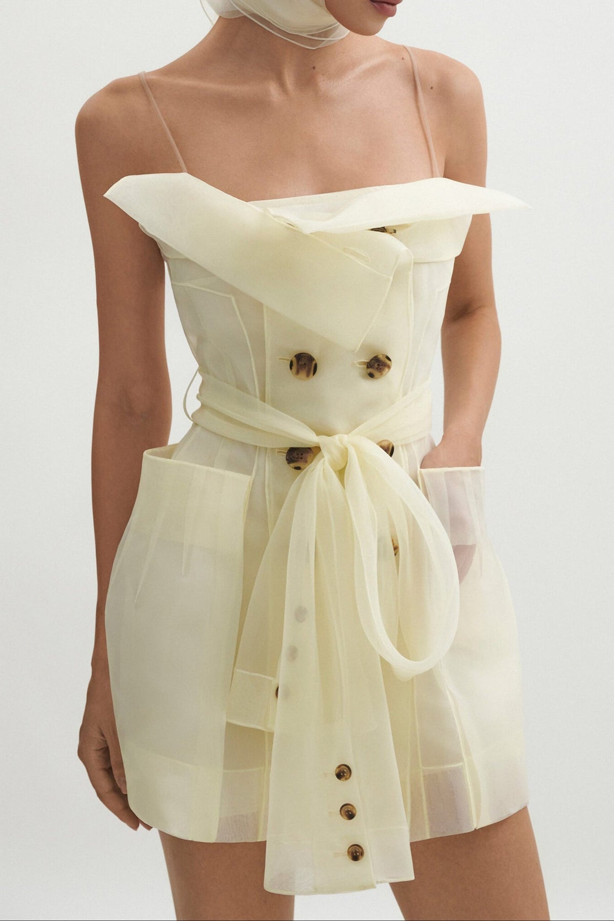 Strap Organza Double-Breasted Mini Trench Dress