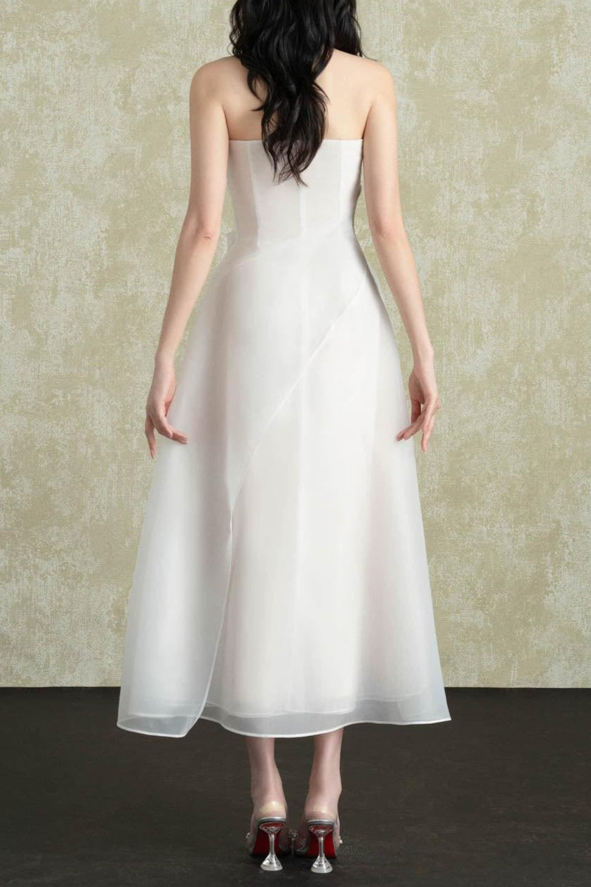 Layered Organza Midi Dress in White