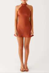 Halter Backless Satin Mini Dress in Rust
