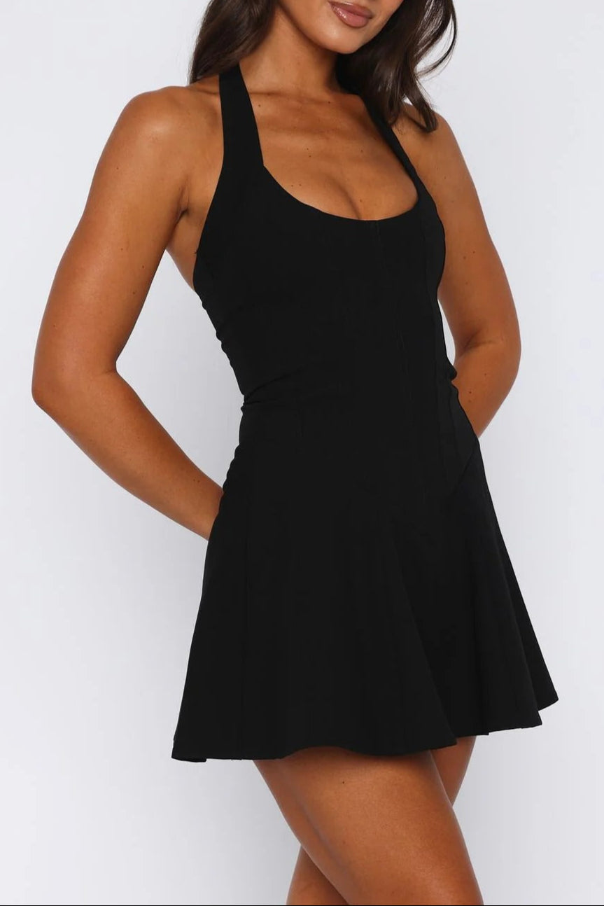 Backless Halter Mini Dress in Black