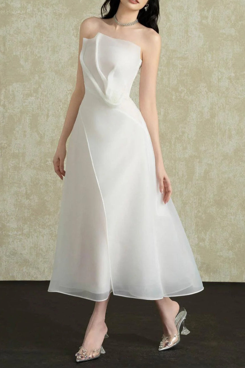 Layered Organza Midi Dress in White