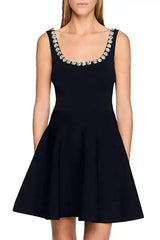 Rhinestone Embellished Knit Mini Dress in Black