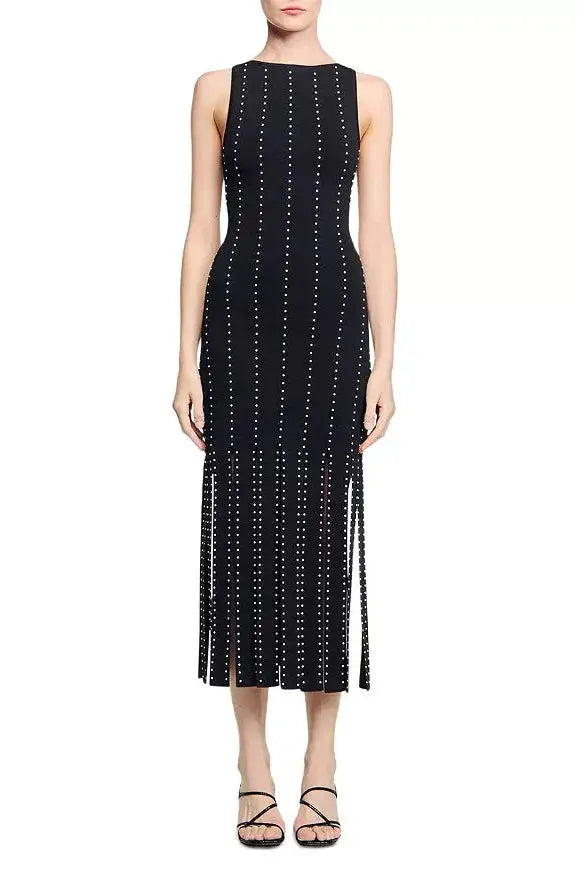 Fringed Knit Maxi Dress in Black