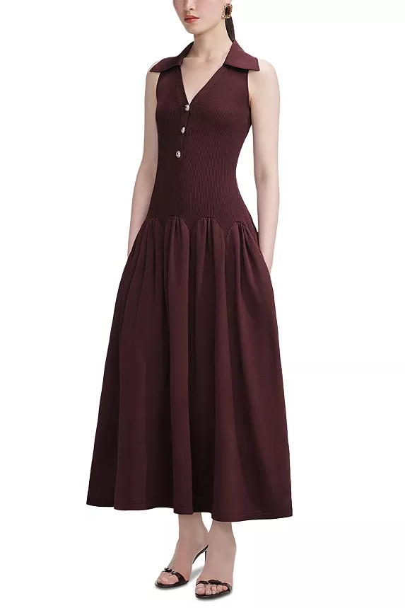 Ribbed Midi Dress in Brick Red
