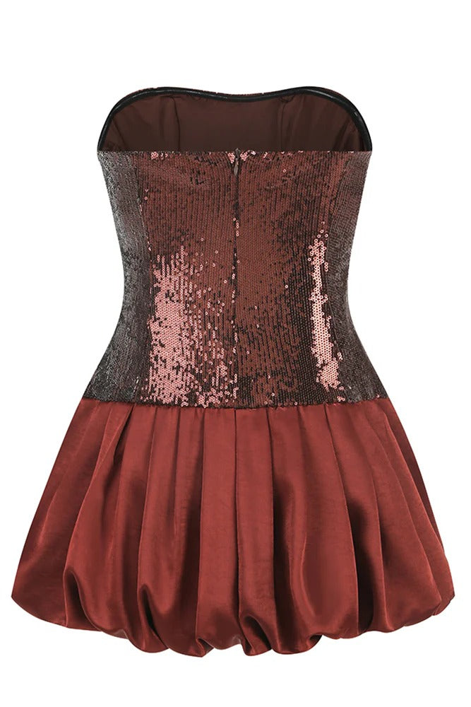 Sequin Bubble Mini Dress in Brown