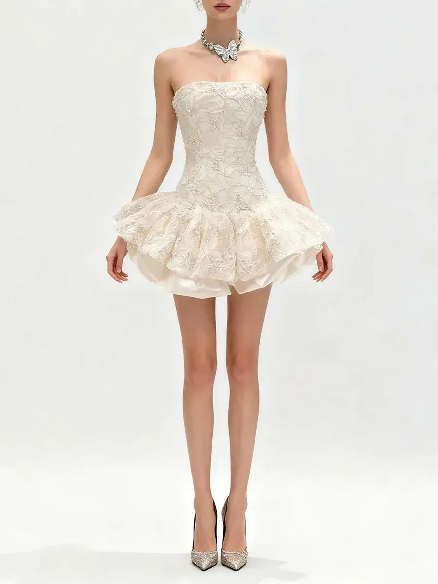 Embroidered Lace Ruffle Mini Dress in Pink